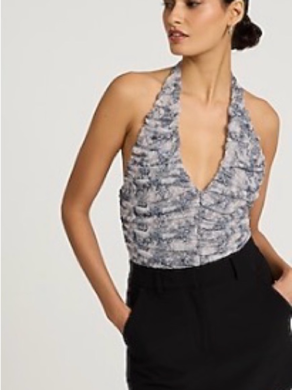 Express Gray Marble Ruffle Halter Bodysuit